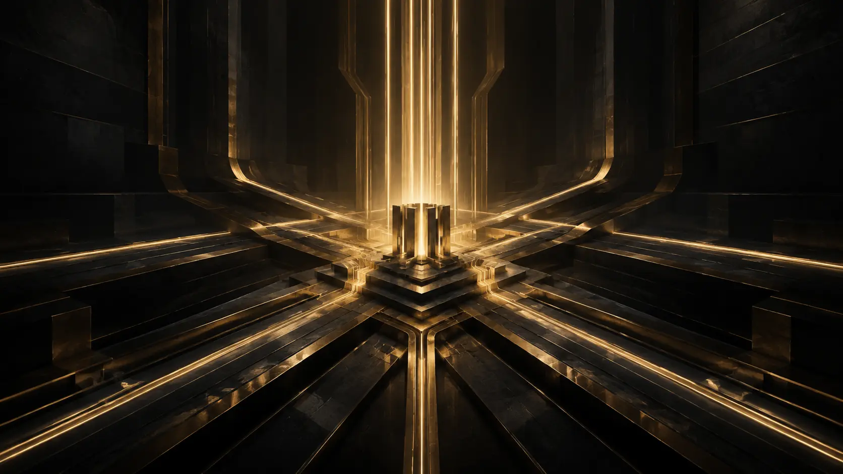 Champagne-gold architectural paths converging into one illuminated structure on a black field, representing connected search and AI discovery.