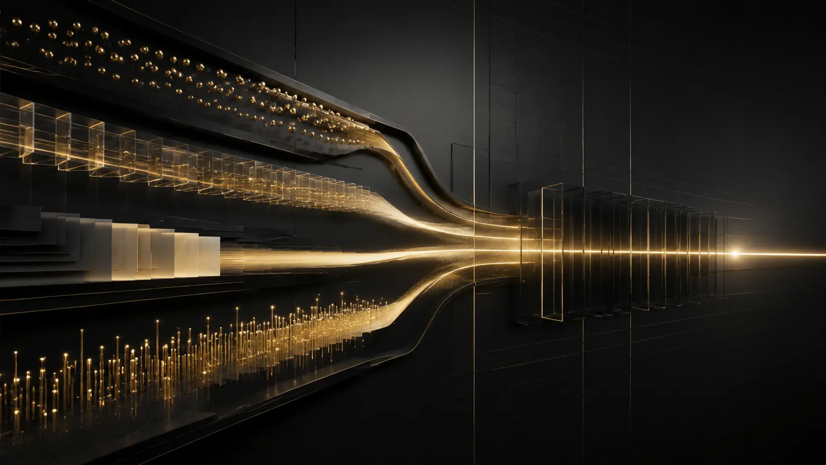 Champagne-gold strategic paths converging across a dark architectural field, representing coordinated brand, website, search, content and social media direction.