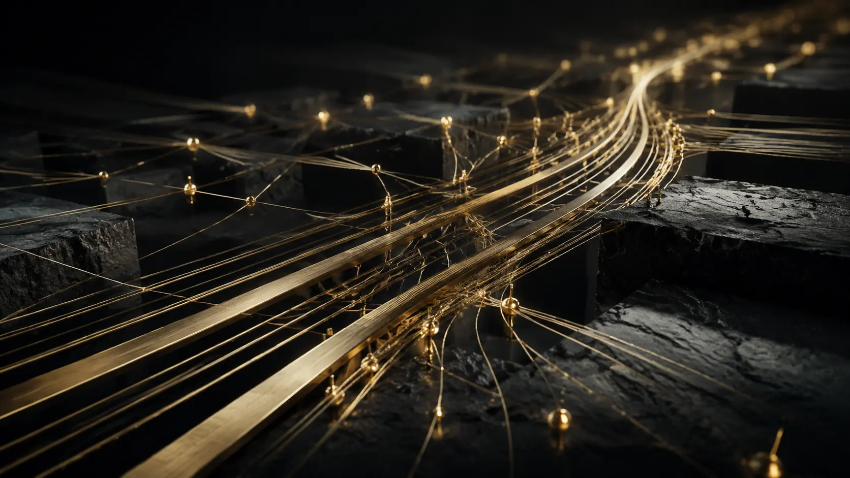 Champagne-gold structures converging across a black field, representing aligned strategy and growth systems